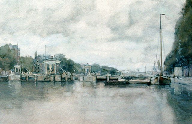 Gerard Muller | Flussschleusen in der Amstel mit dem Royal Theatre Carré, Amsterdam, Aquarell auf Papier, 33,0 x 48,5 cm, signed l.l.