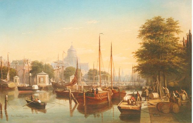 Scheerboom A.  | View of the Amstel, with the 'Paleis van Volksvlijt'  beyond, Öl auf Leinwand 60,4 x 91,6 cm, dated 1869