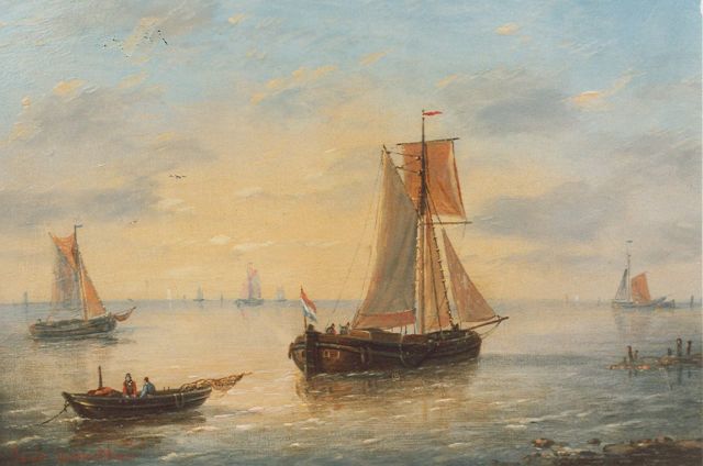 Charles Louis Verboeckhoven | Shipping in a calm, Öl auf Holz, 15,7 x 21,1 cm