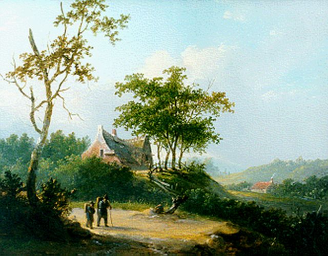 Jacobus van der Stok | Travellers in an extensive summer landscape, Öl auf Holz, 25,7 x 32,6 cm