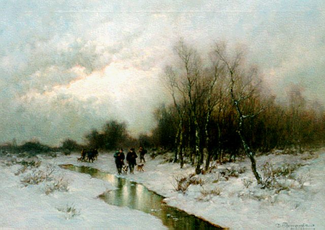 Désiré Thomassin | Hunters in a winter landscape, Öl auf Leinwand, 49,7 x 69,7 cm, signed l.r.