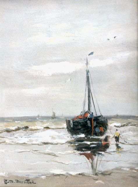Morgenstjerne Munthe | A 'bomschuit' in the surf, 21,0 x 16,0 cm, signed l.l.