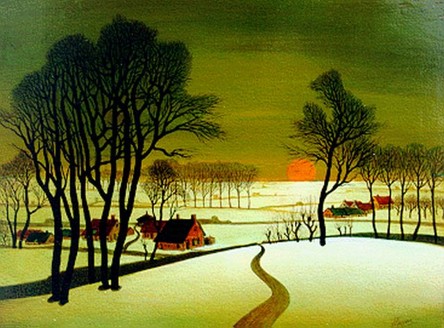 Kuppens J.H.  | A winter landscape by sunset, Öl auf Holz 15,0 x 20,0 cm, signed l.r.