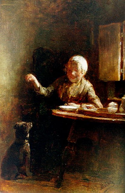 Henricus Joannes Mélis | Feeding the dog, Öl auf Leinwand, 39,1 x 26,0 cm, signed l.r.