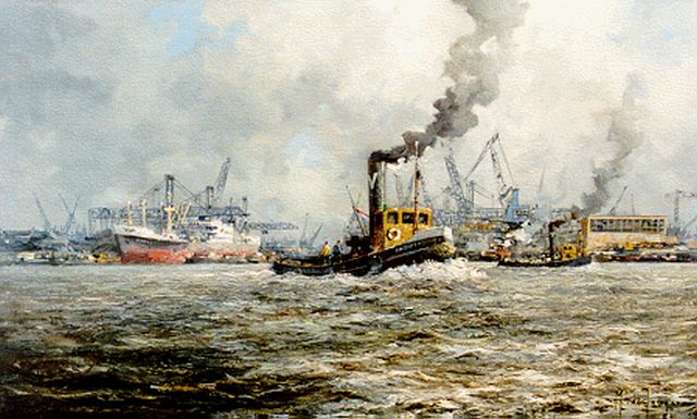 M.J. Drulman (M. de Jongere) | Activities in the harbour of Rotterdam, Öl auf Leinwand, 60,1 x 99,5 cm, signed l.r.