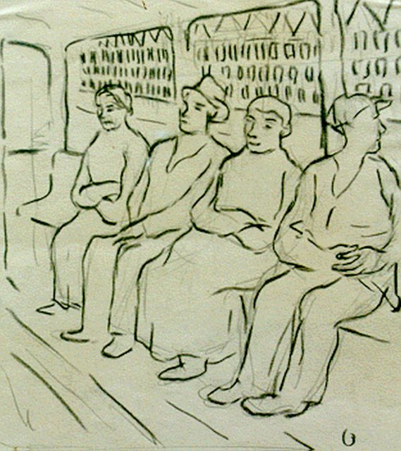 Wim Oepts | Figures in a ferry, Bleistift und Kreide auf Papier, 23,0 x 21,0 cm, signed l.r. with 'O'