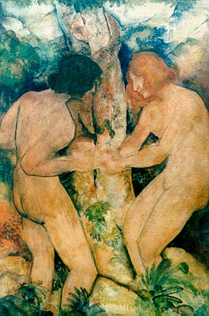 Berg W.H. van den | Adam and Eva, Aquarell auf Holzfaserplatte 88,0 x 60,5 cm, signed l.r.
