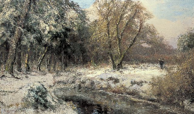 Louis Apol | A winter landscape with a woman gathering wood, Öl auf Leinwand, 60,0 x 100,3 cm, signed l.l.