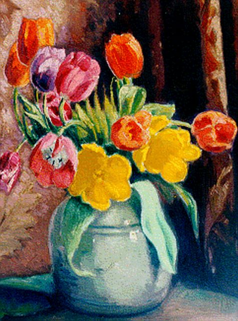 Jan Altink | Bloemstilleven van tulpen in een vaas, 39,9 x 30,1 cm, gesigneerd r.o.