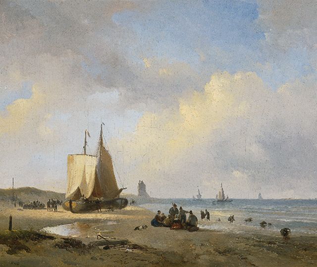 Nuijen W.J.J.  | A beach scene, Scheveningen, Öl auf Holz 28,0 x 32,5 cm, dated 1831