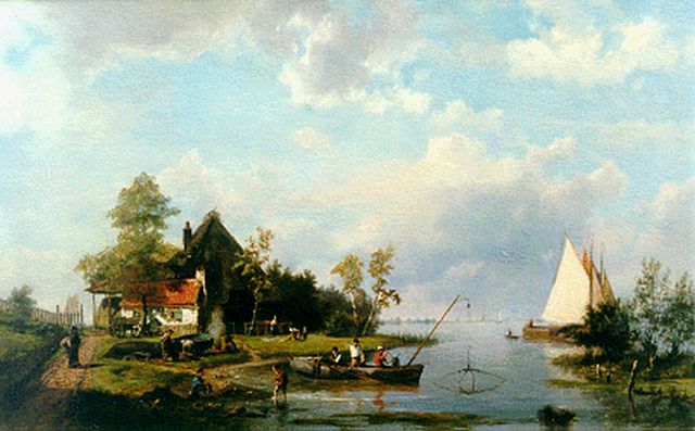Hermanus Koekkoek | A river landscape with a shipyard, Öl auf Leinwand, 47,4 x 74,9 cm, signed l.l.