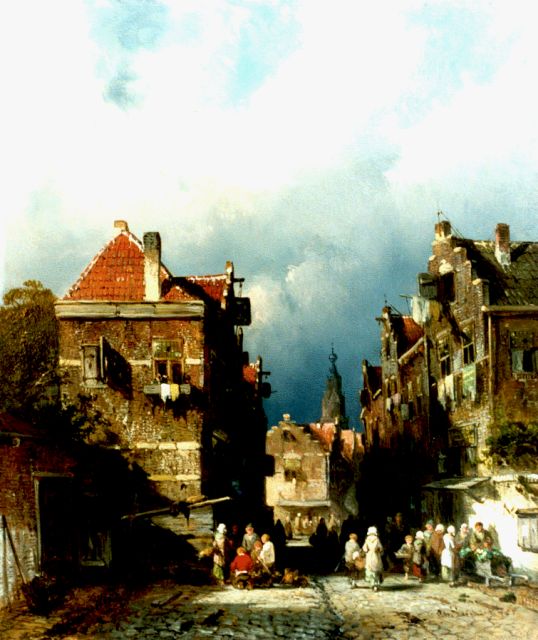 Charles Leickert | Dailly activities in a Dutch town, Öl auf Tafel, 32,7 x 27,9 cm, signed l.r. und dated '55