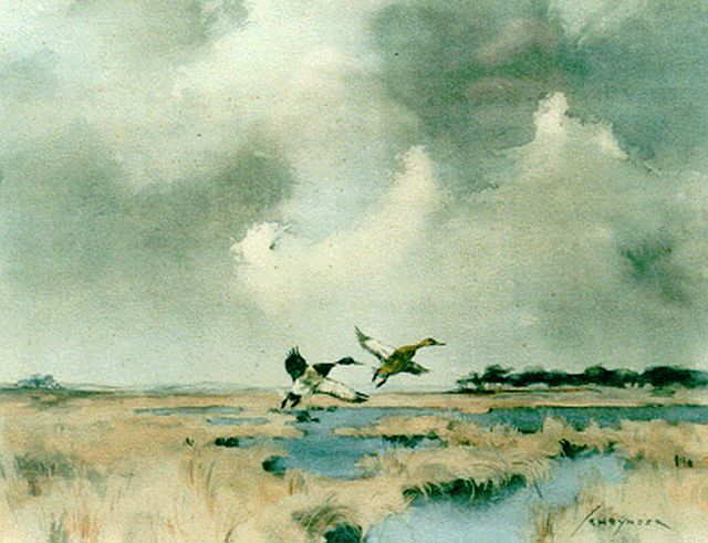 Jo Schijnder | Ducks flying up, Aquarell und Gouache auf Papier, 21,0 x 27,5 cm, signed l.r.