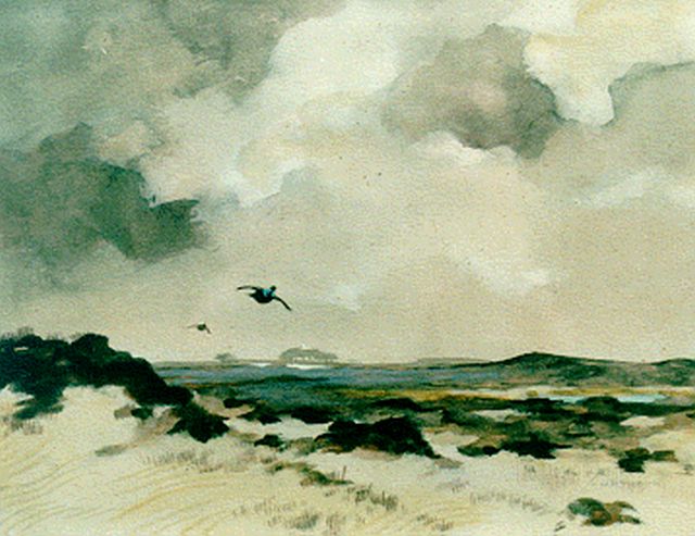 Jo Schijnder | Ducks flying, Aquarell und Gouache auf Papier, 21,0 x 27,6 cm, signed l.r.