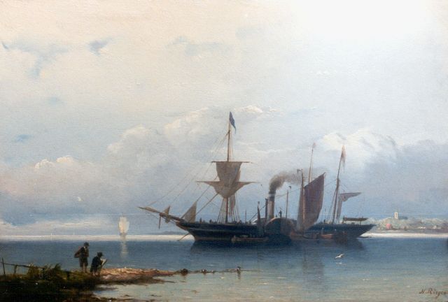 Nicolaas Riegen | Shipping at the harbour mouth, Öl auf Holz, 19,8 x 29,5 cm, signed l.r.