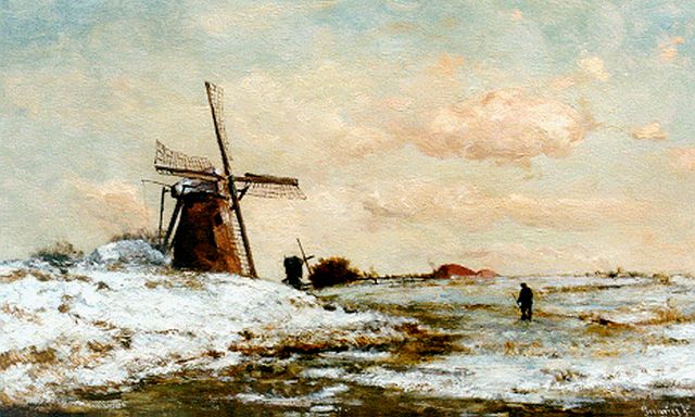 Constan Gabriel | A traveller in a winter landscape, Öl auf Holz, 34,2 x 56,4 cm, signed l.r. und painted circa 1886