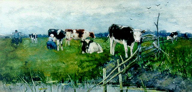 Poggenbeek G.J.H.  | Milk-maid in a landscape, Aquarell auf Papier 21,6 x 44,3 cm, signed l.r.