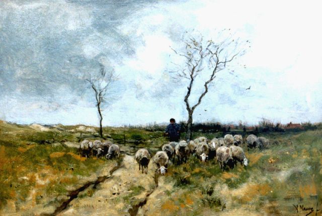 Anton Mauve | A shepherd and flock on the heath, Laren, Öl auf Leinwand, 42,9 x 63,8 cm, signed l.r.