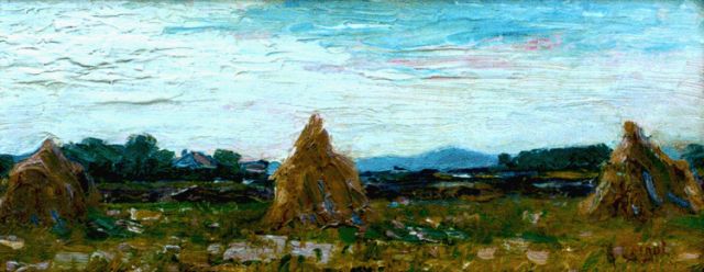 Arnout Colnot | Hay-cocks in a landscape, Öl auf Leinwand auf Holz, 16,7 x 41,1 cm, signed l.r.