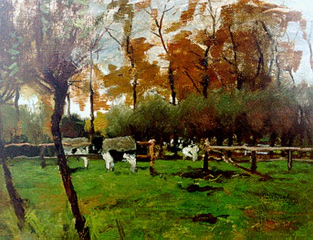 Geo Poggenbeek | Cows by a fence, Öl auf Leinwand auf Holz, 24,4 x 32,4 cm