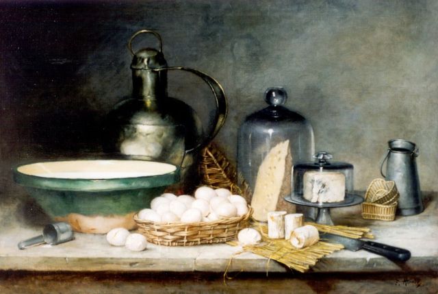 Attendu A.F.  | A still life with a pewter jug, Öl auf Leinwand 85,4 x 120,2 cm, signed l.r.