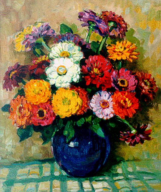 Ben Viegers | Zinnias in a vase, Öl auf Leinwand, 60,3 x 50,4 cm, signed l.l.