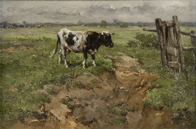 Jan de Haas | Cows near a fence, Öl auf Holz, 31,2 x 47,1 cm, signed l.l.