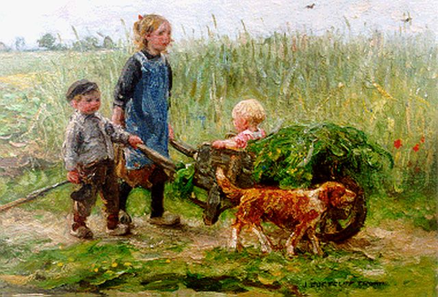 Zoetelief Tromp J.  | Children and a dog in a field, Öl auf Holz 23,7 x 34,0 cm, signed l.r.