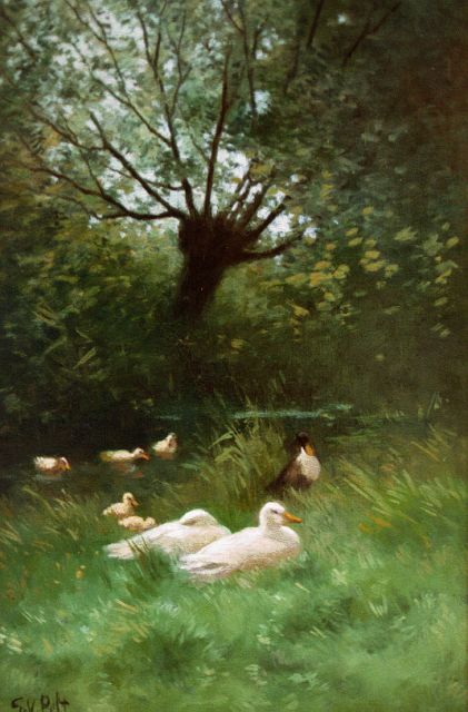 Gottfried van Pelt | Ducks on the riverbank, Öl auf Leinwand, 42,0 x 27,0 cm, signed l.l.