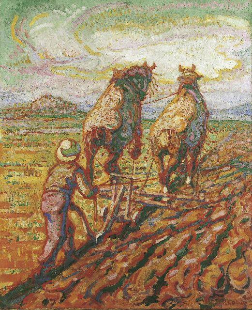 Gouwe A.H.  | Ploughing horses, Öl auf Leinwand 74,5 x 61,5 cm, signed l.r. und painted circa 1923