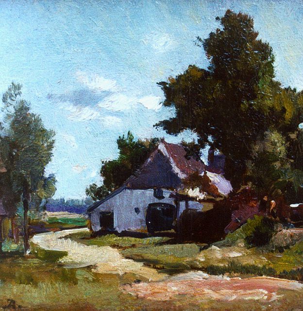 Johannes Evert Akkeringa | A farm in a summer landscape, Öl auf Holz, 12,1 x 12,3 cm, signed l.l. with monogram