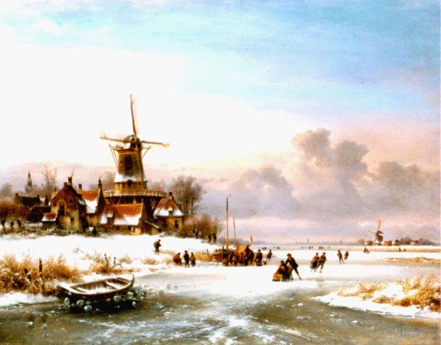 Kleijn L.J.  | A winter landscape with skaters by a 'koek en zopie', Öl auf Leinwand 70,3 x 90,2 cm, signed l.r.
