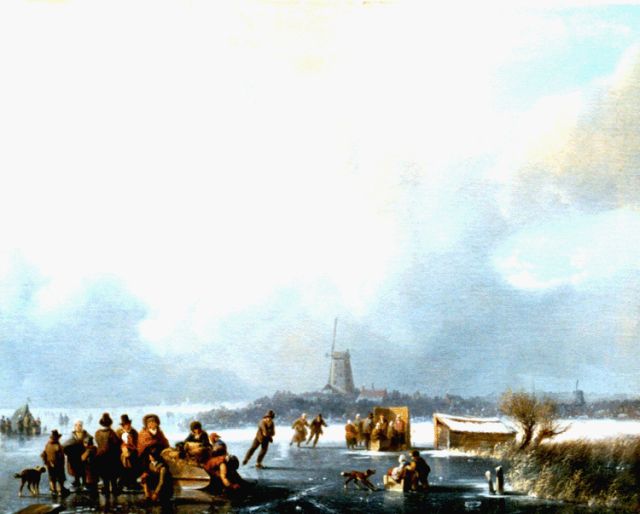 Jacobus van der Stok | Skaters and a 'koek en zopie' on a frozen waterway, Öl auf Leinwand, 48,0 x 60,0 cm