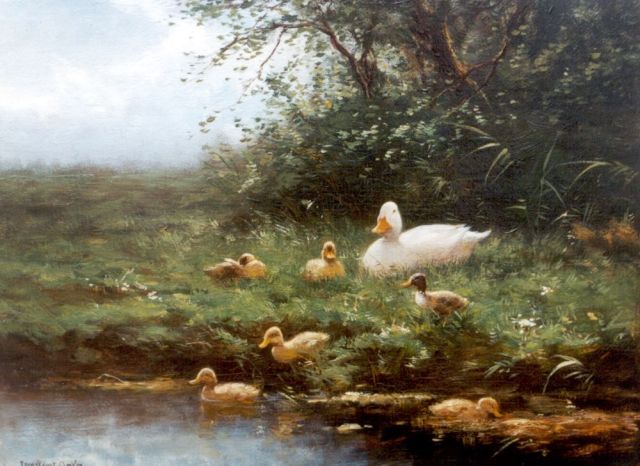 Constant Artz | Duck with ducklings on the riverbank, Öl auf Holz, 24,2 x 32,5 cm, signed l.l.