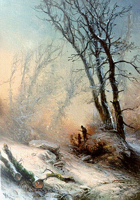 Pieter Kluyver | Hunters in a snow-covered landscape, Öl auf Holz, 15,4 x 11,3 cm, signed l.l.