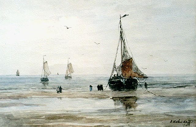Hendrik Willem Mesdag | 'Bomschuiten' on the beach, Aquarell auf Papier, 26,7 x 36,8 cm, signed l.r.