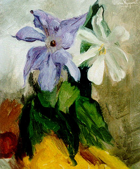Wijngaerdt P.T. van | A still life with a clematis and a tulip, Öl auf Leinwand 60,0 x 50,0 cm, signed u.r.
