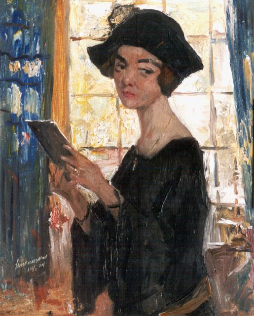 Simon Maris | Portrait of a lady with a letter, Öl auf Holz, 46,0 x 37,3 cm, signed l.l. und executed on 14/2/24