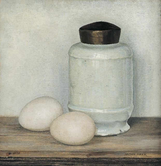 Anton Pieck | A white pot and two eggs, Öl auf Holz, 20,5 x 20,0 cm, signed l.r. und dated 1926