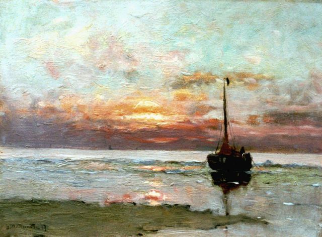 Morgenstjerne Munthe | Moored 'bomschuit' by sunset, Öl auf Leinwand, 30,6 x 41,0 cm, signed l.l. und dated '19