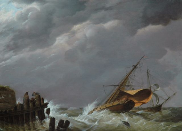 Koekkoek J.H.  | Dutch sailing vessels in stormy weather near the harbour, Öl auf Holz 44,9 x 62,1 cm, signed l.l. und dated 1816
