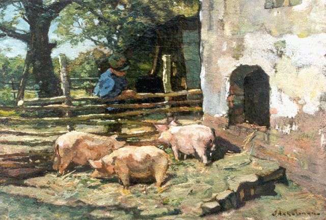 Johannes Evert Akkeringa | Feeding the pigs, Öl auf Leinwand, 32,7 x 47,2 cm, signed l.r.