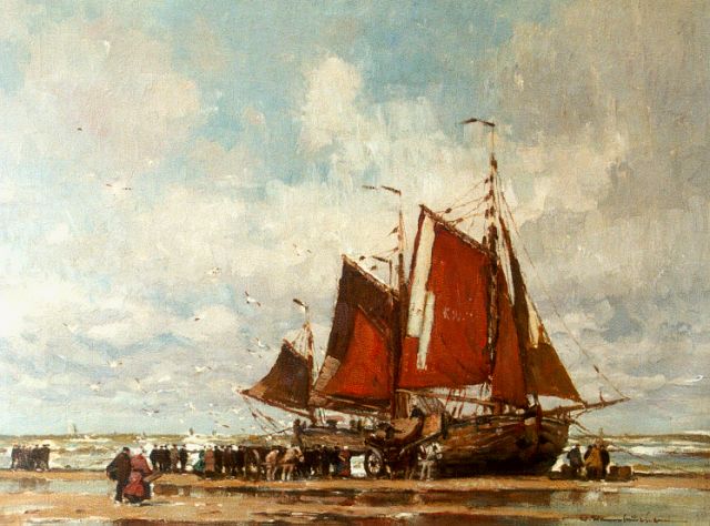 Hambüchen W.  | 'Bomschuiten' on the beach of Katwijk, Öl auf Leinwand 60,0 x 80,2 cm, signed l.r.