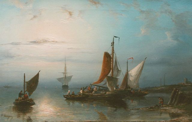 Nicolaas Riegen | Shipping in an estuary, Öl auf Leinwand, 31,5 x 48,0 cm, signed l.l.
