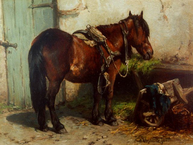 Wouter Verschuur jr. | A horse on a yard, Öl auf Tafel, 15,2 x 20,3 cm, signed l.r.