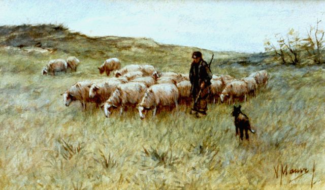 Anton Mauve | A shepherd with his flock, Aquarell auf Papier, 14,6 x 24,4 cm, signed l.r.