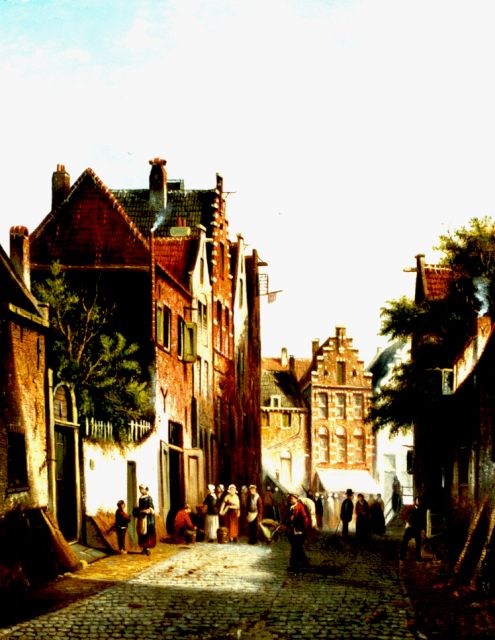 Johannes Franciscus Spohler | Daily activities in a sunlit street, Öl auf Leinwand, 44,3 x 35,3 cm, signed l.r.