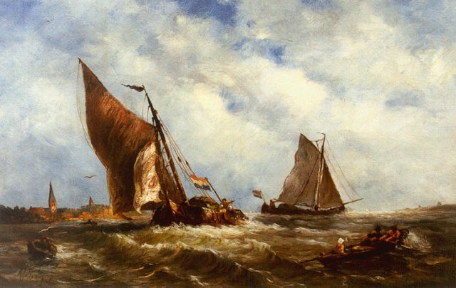 Prooijen A.J. van | Shipping on choppy waters, Öl auf Holz 23,6 x 37,1 cm, signed l.l.