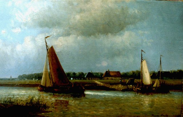 Hendrik Hulk | A river landscape with flatboats, Öl auf Leinwand auf Holz, 14,2 x 22,9 cm, signed l.r.