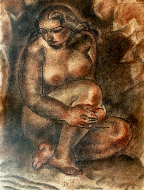 H.J. van Piggelen | Seated nude, Pastell auf Papier, 613,0 x 47,0 cm, signed l.m.